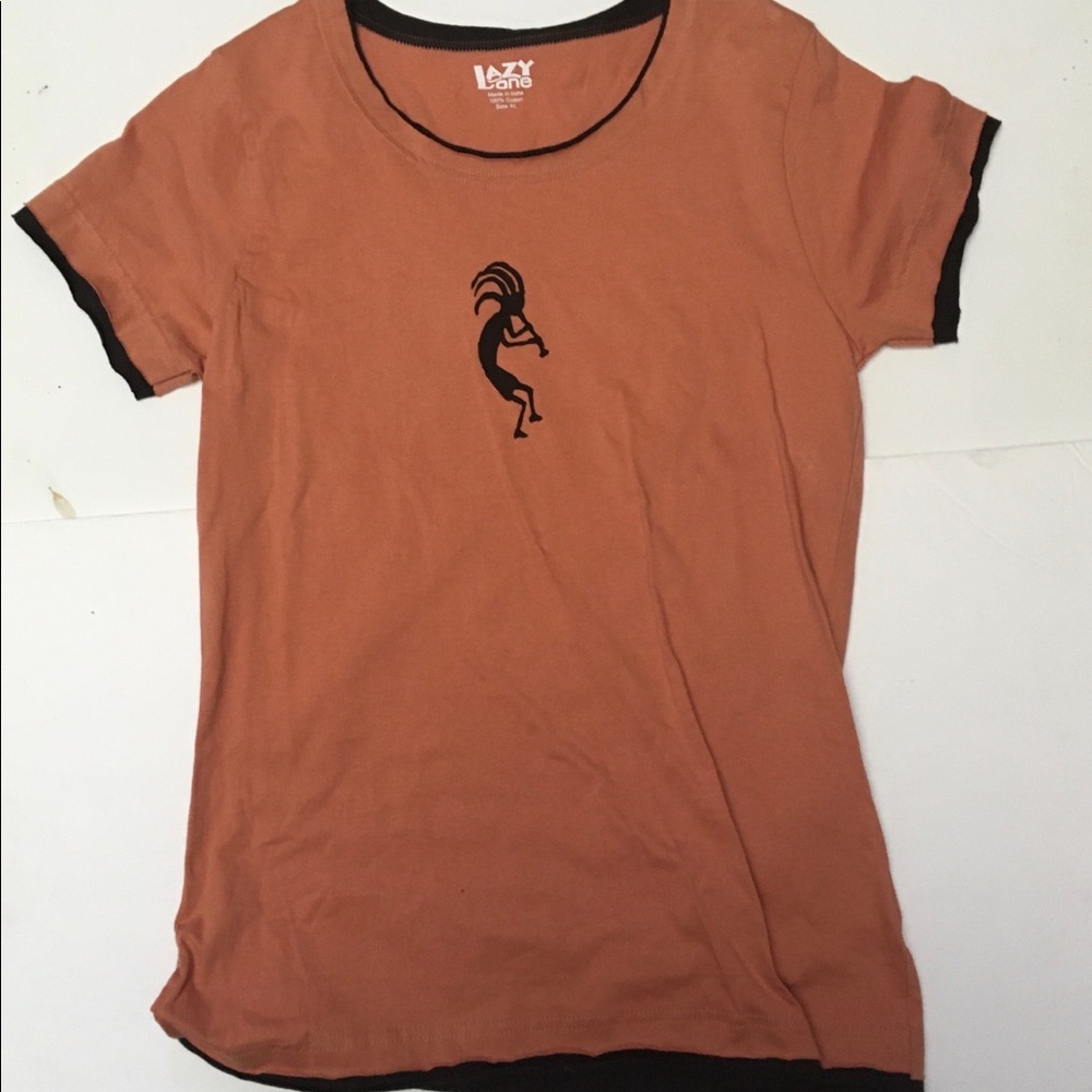 Lazy One Junior Fitted T-Shirt XL Kokopelli Short Sleeve  Rust Color Brown Trim